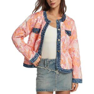 🆕Women Pink Kedera Floral Denim Jacket Long Sleeve Jacquard Cropped Casual Coat